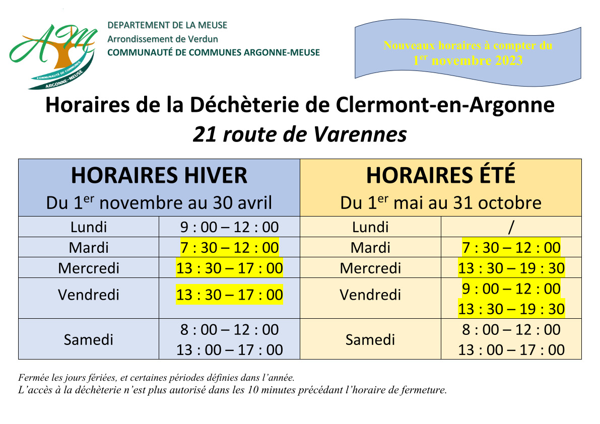 NOUVEAUX HORAIRES DECHETTERIE